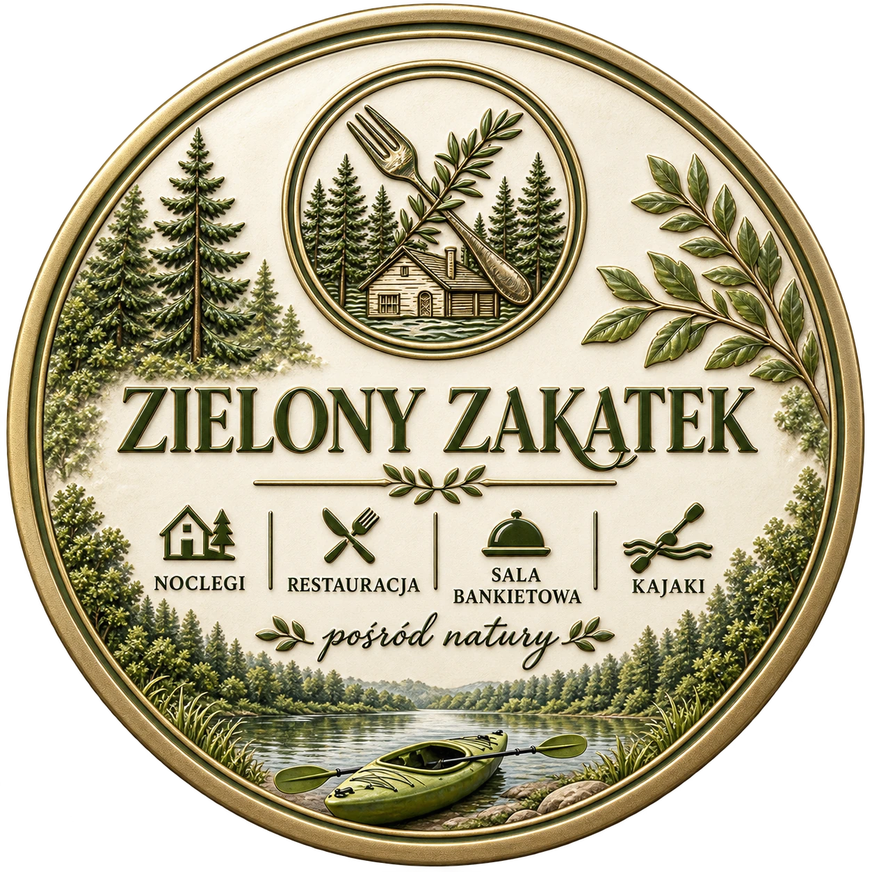 Przestrzenny emblemat Zielonego Zakątka: las, domek i kajak w metalowej obręczy